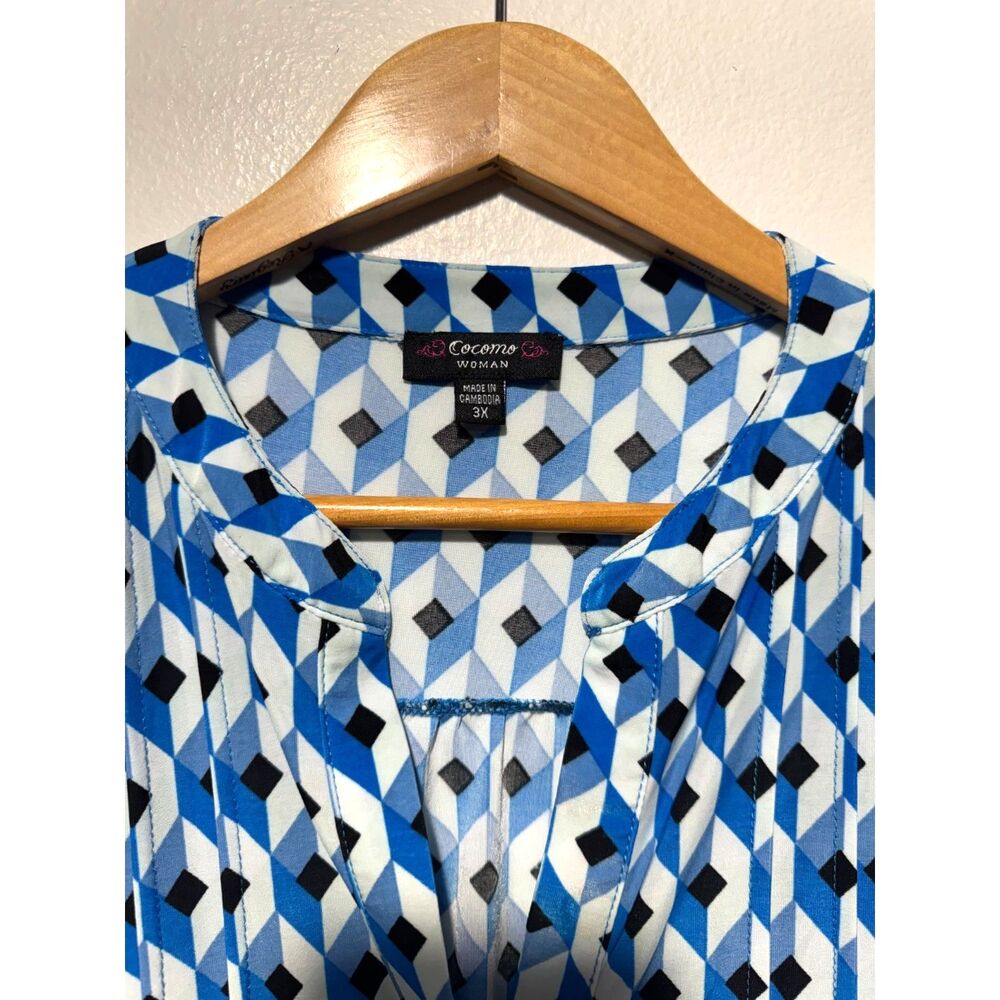 Cocomo popover shirt geometric blue casual coastal summer women 3X - Picture 3 of 7